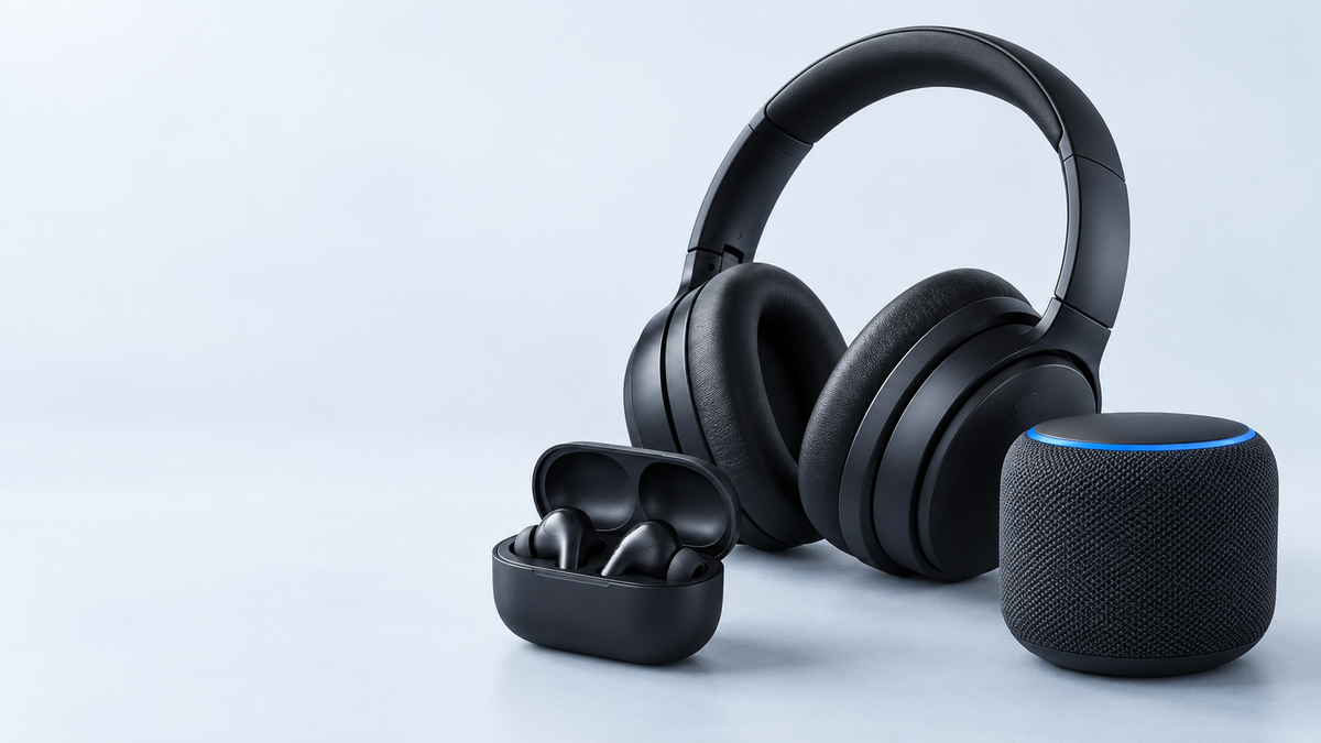 Over-ear headphones, wireless earbuds and a speaker