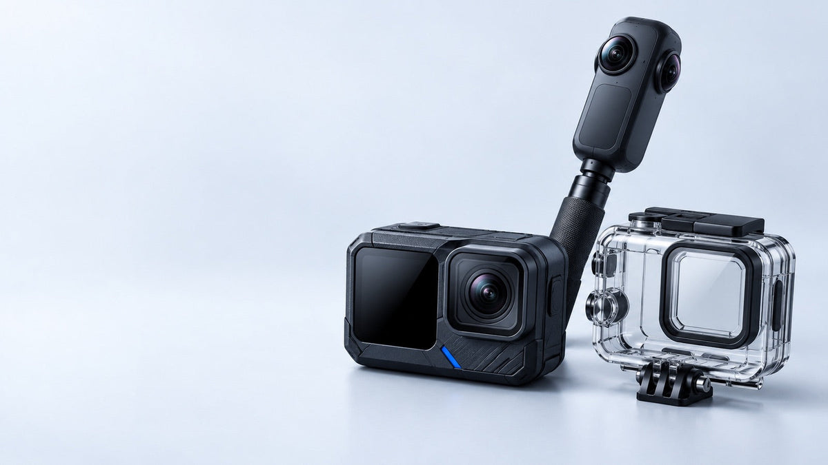 Action camera and 360-degree camera on a selfie stick