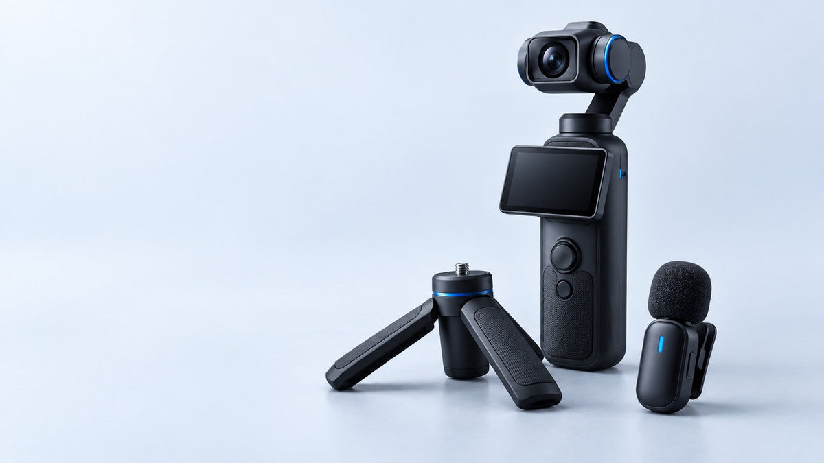 Pocket gimbal vlog camera with mini tripod and clip-on microphone