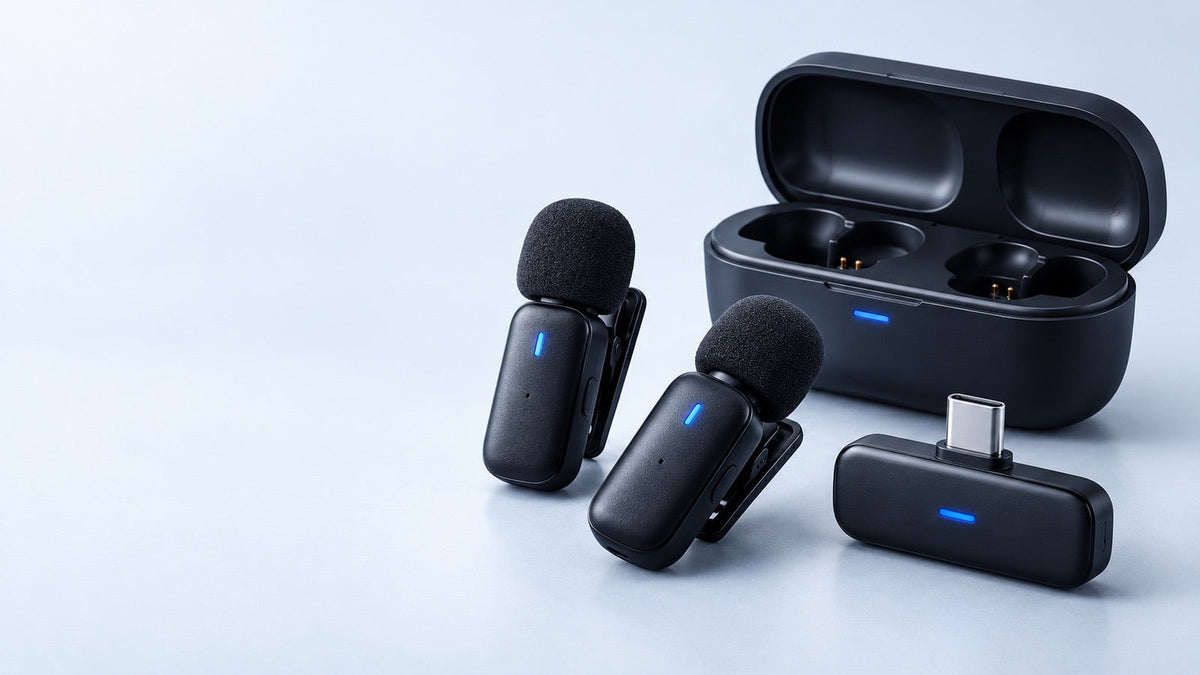 Two clip-on wireless microphones, receiver and charging case
